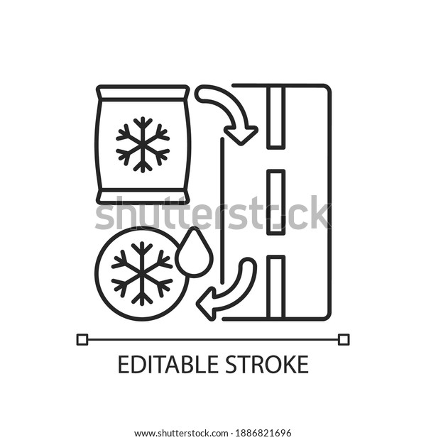 De icing linear icon. Removing ice covering from\
roads. Help cars to move on streets in winter. Thin line\
customizable illustration. Contour symbol. Vector isolated outline\
drawing. Editable stroke