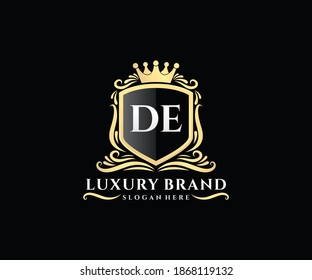 DE Initial Letter Gold calligraphic feminine floral hand drawn heraldic monogram antique vintage style luxury logo design.