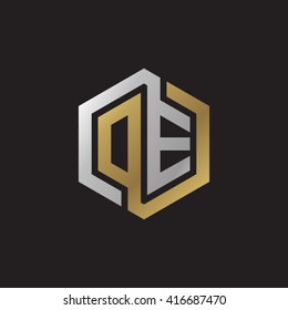 DE initial letters loop linked hexagon elegant logo golden silver black background