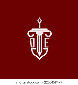 DE initial logo monogram design for legal lawyer vector image with sword and shield