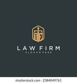 DE initial logo monogram with shield and sword style design for law firm