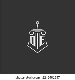 DE initial monogram law firm with sword and pillar logo design