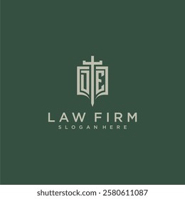 DE initial monogram for law firm with sword and shield logo image