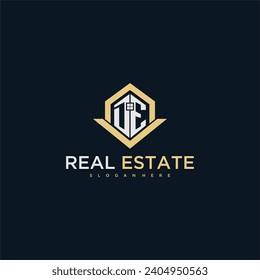 DE initial monogram logo for real estate with home shape creative design