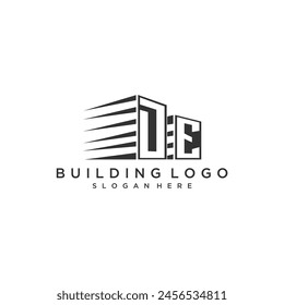 DE initial monogram logo for real estate with building style