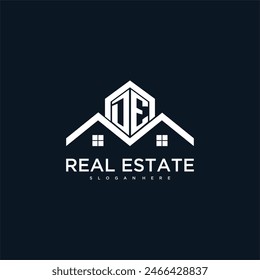 DE initial monogram logo for real estate with creative roof and home image design