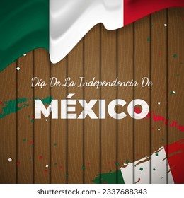 Día de La Independencia de México Greeting with Mexican National Flags on Wood Background. Translate: Mexican Independence Day