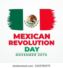 Día de la Revolución Mexicana cartaz ilustração vetorial. Símbolo do México do Dia da Revolução. Bandeira Grunge do México ícone vetor em um fundo branco. Elemento de design de bandeira mexicana Paintbrush. 20 de novembro