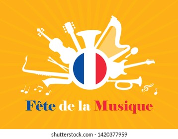 Fête de la Musique vector. World Music Day vector. French flag with musical instruments vector illustration. Important day