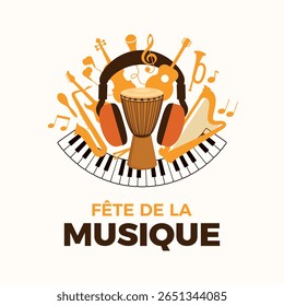 Fête de la Musique or World Music Day poster vector illustration. Different types of musical instruments vector. Template for background, banner, card. 21 June. Important day
