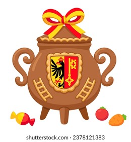 Fête de L'Escalade traditional festival in Geneva, Switzerland. Chocolate cauldron with marzipan and candy. Cartoon vector clip art illustration.