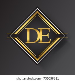 DE Letter logo in a square shape gold and silver colored geometric ornaments. Vector design template elements for your business or company identity.