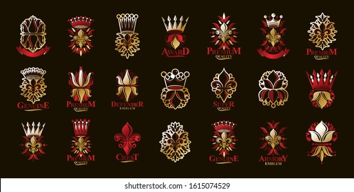 De Lis and crowns vintage heraldic emblems vector big set, antique heraldry symbolic badges and awards collection with lily flower symbol, classic style design elements, family emblems.