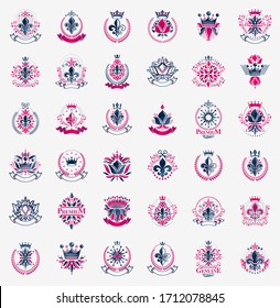 De Lis and crowns vintage heraldic emblems vector big set, antique heraldry symbolic badges and awards collection with lily flower symbol, classic style design elements, family emblems.