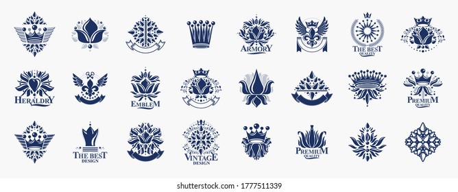 De Lis and crowns vintage heraldic emblems vector big set, antique heraldry symbolic badges and awards collection with lily flower symbol, classic style design elements, family emblems.