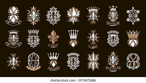 De Lis and crowns vintage heraldic emblems vector big set, antique heraldry symbolic badges and awards collection with lily flower symbol, classic style design elements, family emblems.