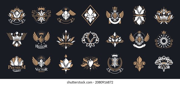 De Lis vintage heraldic emblems vector big set, antique heraldry symbolic badges and awards collection with lily flower symbol, classic style design elements, family emblems.