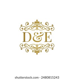 DE logo with gold ornament. Initials A ampersand R for business partner or wedding symbol.