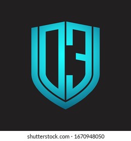 DE Logo monogram with emblem shield design isolated with blue colors on black background