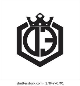 DE Logo monogram rounded by hexagon shape with crown design template on white background