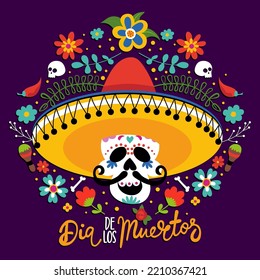 día de los muertos, Day of the Dead in Mexico - Halloween quote on white background with beautiful Mexican sugar skull.  Good for t-shirt, mug, home decoration, gift, printing press. Holiday quote. 