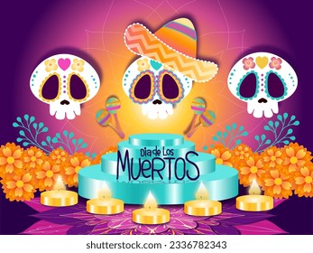 día de los muertos. day of the dead. ornament with hat, flower and skull for poster, party promo,  festival card