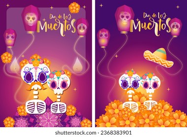 día de los muertos. day of the dead. ornament with hat, flower and sugar skull in hat for poster, party promo, set card Santa Muertos with orange flowers 