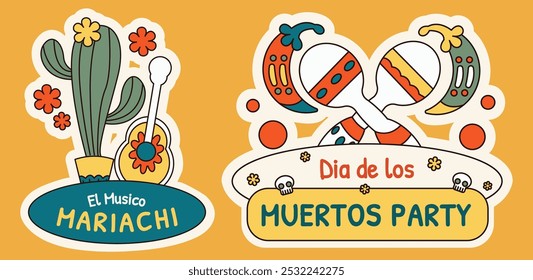 Día de los Muertos El Musico Mariachi e adesivo de festa, Ilustração simples de desenhos animados