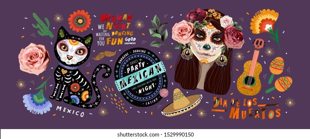 Día de los Muertos, Mexican holiday Day of the Dead and Halloween. Vector illustration of a woman with sugar skull makeup - Calavera Catrina, cat, flowers and mexican objects for poster or background 