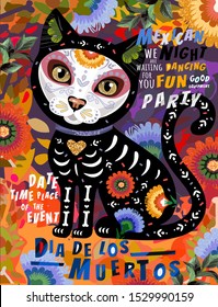 Día de los Muertos, Mexican holiday Day of the Dead and Halloween. Vector illustration of Calavera cat skeleton on floral background for poster, card or background
 
