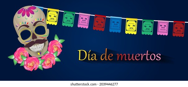 Día de los Muertos, Mexican holiday - Day of the Dead. Vector illustration of realistic sugar skull - mexican festive multicolored flags