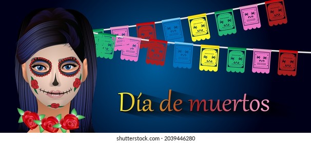 Día de los Muertos, Mexican holiday - Day of the Dead. Vector illustration of realistic woman with sugar skull makeup - mexican festive multicolored flags