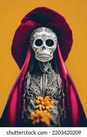 Día de los Muertos, Día de los Muertos y Halloween. Ilustración vectorial de una mujer con maquillaje del cráneo del azúcar y flores - Calavera Catrina para afiche, tarjeta o fondo