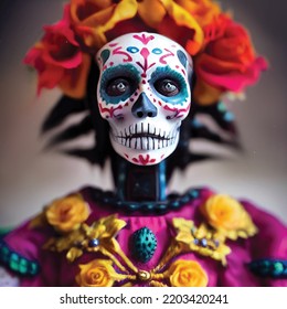 Día de los Muertos, Día de los Muertos y Halloween. Ilustración vectorial de una mujer con maquillaje del cráneo del azúcar y flores - Calavera Catrina para afiche, tarjeta o fondo