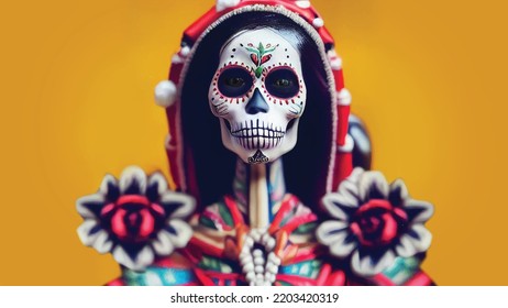 Día de los Muertos, Día de los Muertos y Halloween. Ilustración vectorial de una mujer con maquillaje del cráneo del azúcar y flores - Calavera Catrina para afiche, tarjeta o fondo