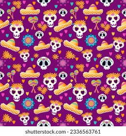 Cartel de Muertos puesto, día muerto con calavera sobre fondo morado. Disfraz de Halloween. Ilustración vectorial de dibujos animados. Fondo de los Muertos de vacaciones. Esqueleto de la catrina mexicana Patrón sin mar 