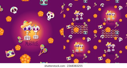 conjunto de afiches de día de los Muertos, día muerto con cráneo de azúcar sobre fondo morado. Disfraz de Halloween. Ilustración vectorial de dibujos animados. Fondo de los Muertos de vacaciones. Esqueleto de la catrina mexicana Patrón sin mar