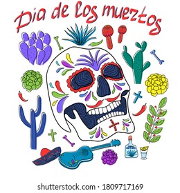 Día de los muertos (Spanish) - Day of the Dead (English).Day of the dead holiday concept. Attributes for the celebration. Skull with decorations.