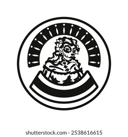 Día de los Muertos mulheres ilustração logotipo design em preto e branco.