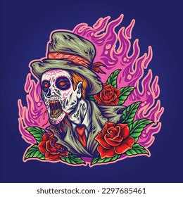 Día de los muertos zombie sugar skull with blooming rose illustration vector for your work logo, merchandise t-shirt, stickers and label designs, poster, greeting cards advertising business company 