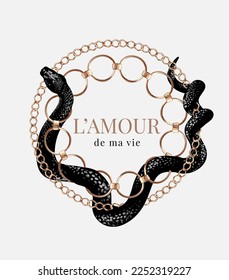 L’amour de ma vie slogan en cobra y cadena dorada encajes cuadro ilustración vectorial, L’amour de ma vie es frase francesa significa que eres amor de mi vida