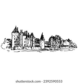 The Château de Montpoupon in France. View of medieval French castle. Hand drawn linear doodle rough sketch. Black and white silhouette.