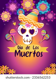 día de muertos. day of the dead. ornament with hat, flower and skull, good for poster, banner, Holiday Muertos background. Mexico catrina skeleton poster.