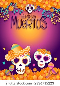 día de muertos. day of the dead. ornament with hat, flower and sugar skull in hat for poster, party promo, card