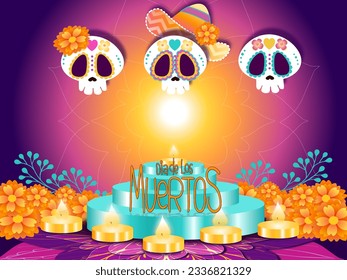 día de muertos. day of the dead. ornament with hat, flower and skull for poster, party promo,  festival card