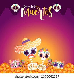 día de muertos. day of the dead. ornament with hat, flower and skull, good for poster, banner, Holiday Muertos background. Mexico catrina skeleton poster