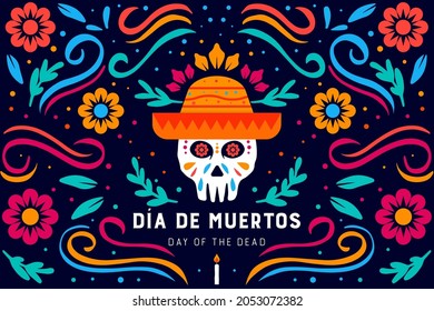 día de muertos. Día de los muertos. cráneo con sombrero y adorno floral