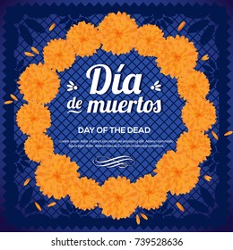 Día de Muertos (Day Of The Dead in Spanish) Marigold Wreath Composition - Copy Space