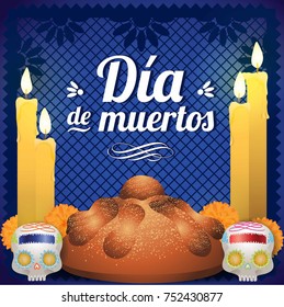 Día de Muertos (Day Of The Dead in Spanish) Altar Composition with Sugar Skulls, Candles and Traditional Bread  - Blue