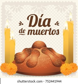 Día de Muertos (Day Of The Dead in Spanish) Altar Composition with Candles and Traditional Bread